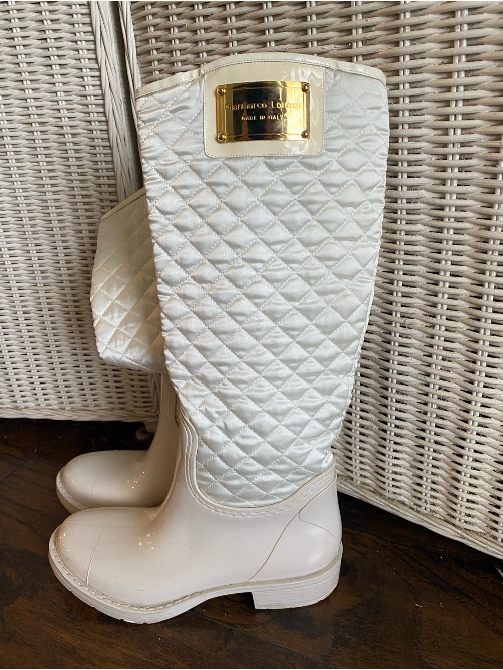 Gianmarco Lorenzi White Quilted Rain Boots with Gold Plaque